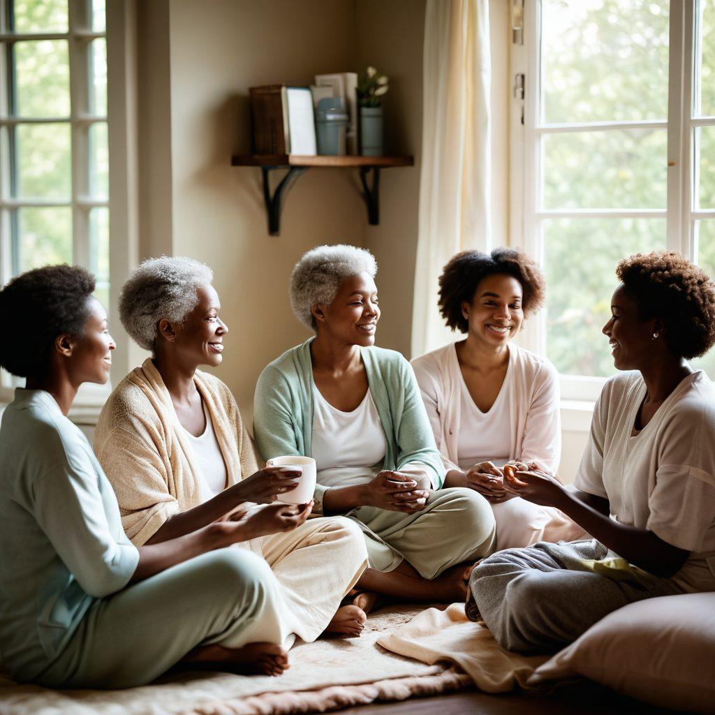 A warm and supportive scene of a diverse group of mothers sitting together, sharing stories and advice about cancer treatment. In the background, a soft sunlight filters through a window, creating a serene atmosphere. Incorporate elements like herbal teas, health pamphlets, and comforting blankets to emphasize wellness. The mothers' expressions should radiate strength and hope, showcasing their camaraderie and empowerment. soft-focus. pastel colors. warm lighting.