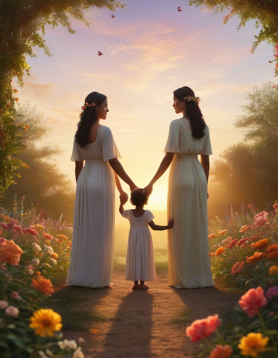 A serene scene depicting a diverse group of mothers, standing united in a beautiful outdoor setting, holding hands while facing a bright sunrise. Each mother represents different cultures and backgrounds, showcasing strength and resilience in their expressions. Surrounding them are symbolic elements like blooming flowers and gentle butterflies, signifying hope and renewal amidst challenges. super-realistic. vibrant colors. soft focus.